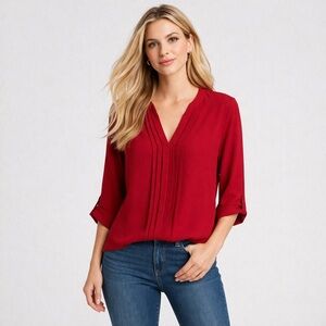 Joie Red Silk Marru Pleated V-Neck Blouse Size L